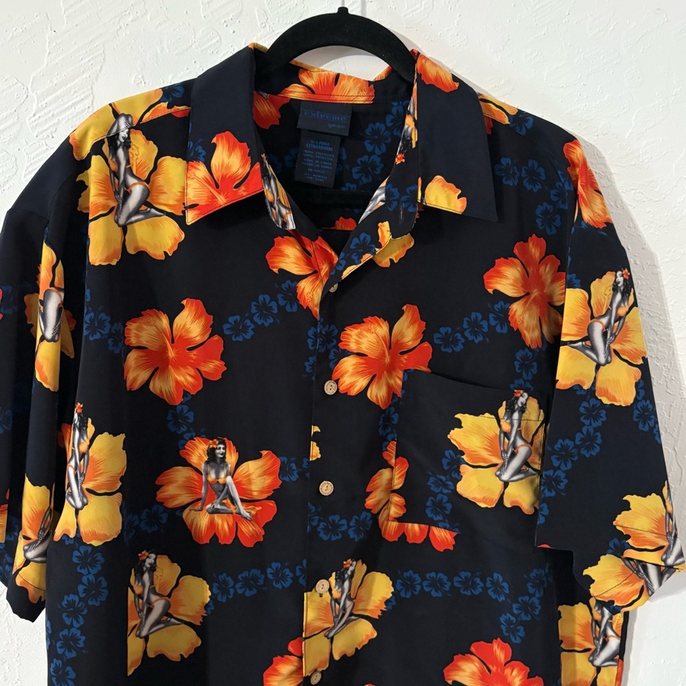 Vintage Extreme Gear Hawaiian Button-up Shirt Flowers Bikini Women‎ Men's XLarge